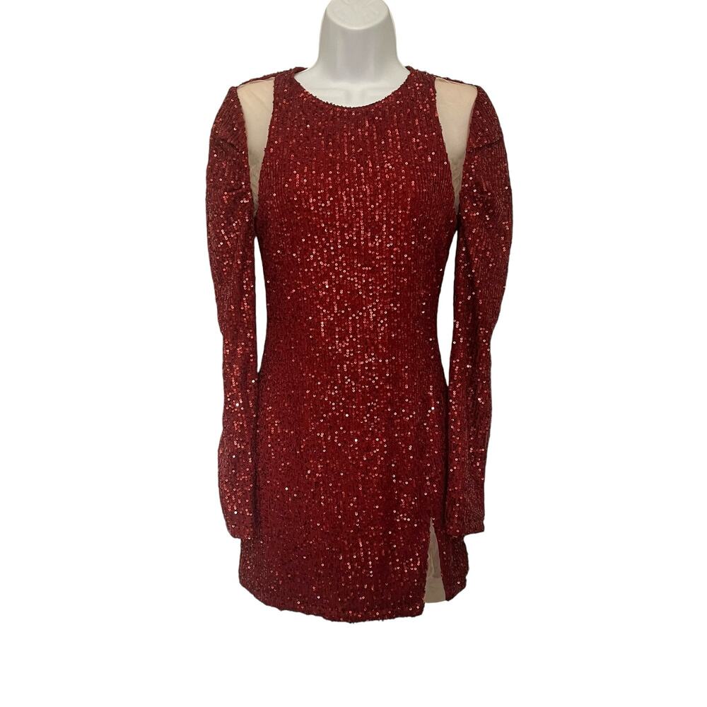 Y2K Luxe Dress Red Sequin Mini Dress Sz S Mesh Cutout Clubwear Glam Holiday NYE